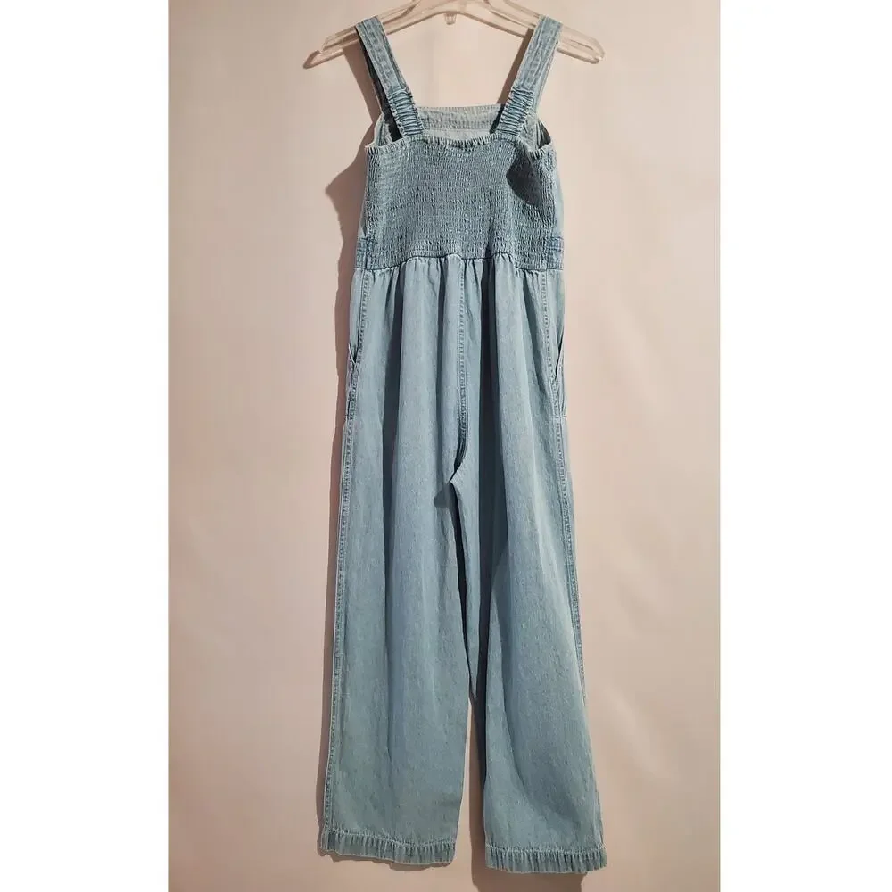 Vtg Y2K Sincerely Jules Smocked Light Denim Jumpsuit Size S Sleeveless Pockets - Picture 2 of 9